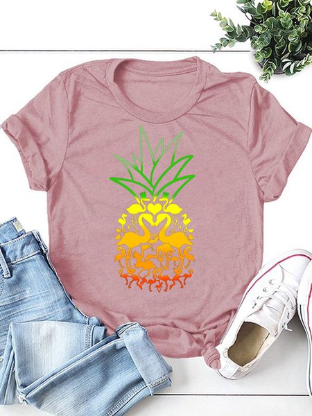 Pineapple Flamingo Women's Casual Shift Short Sleeve Shirts & Tops, Brick red, T-shirts