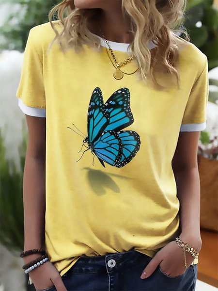 3D Butterfly Graphic Short Sleeve Casual Ringer Tee, Yellow, T-shirts