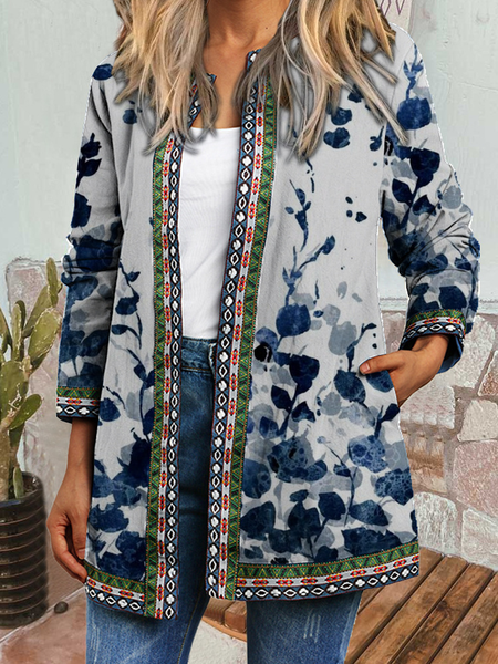 Pockets Crew Neck Ethnic Floral Outerwear, White, Outerwear