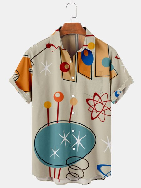 Geometric Pockets Shirt Collar Shirts & Tops, Khaki, Men's shirts