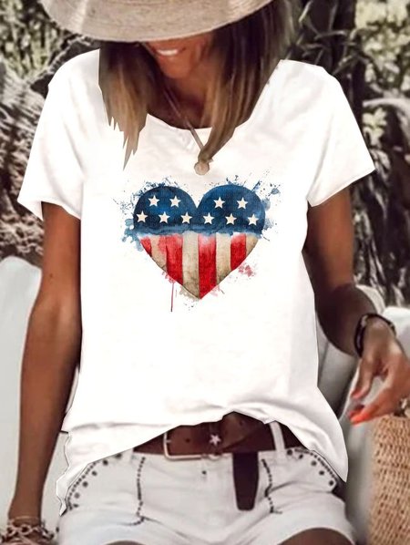 Short Sleeve Lightweight Cotton-blend Crew Neck Daily Printed Casual Summer Beige Top, White, T-shirts