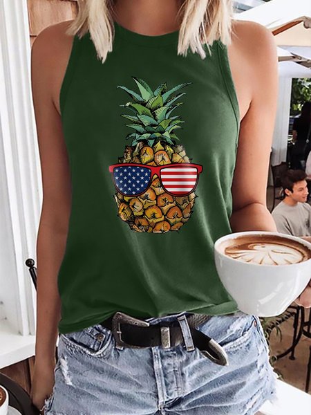Patriotic Pineapple Graphic Sleeveless Loose Tank Top, Dark green, Tank Tops