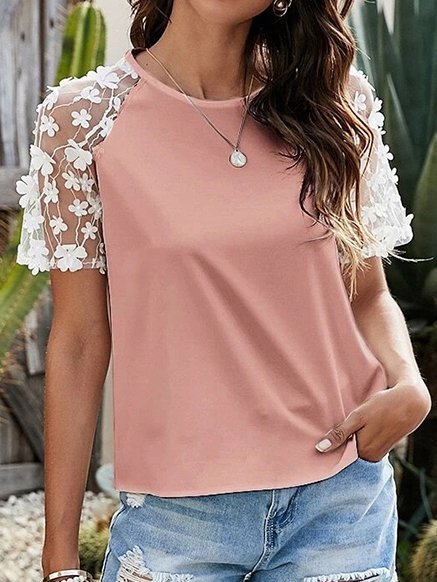 Short Sleeve Holiday Paneled Shirts & Tops, Pink, T-Shirts