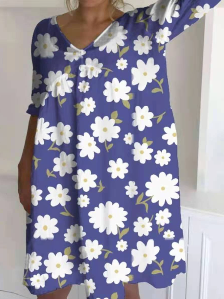 Half Sleeve V Neck Floral Dresses, Blue, Mini Dresses