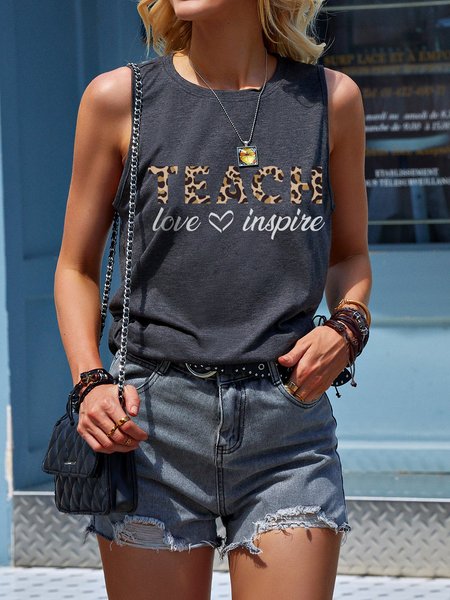 Teach Love Inspire Cotton-Blend Sleeveless Vests, Gray, Tank Tops
