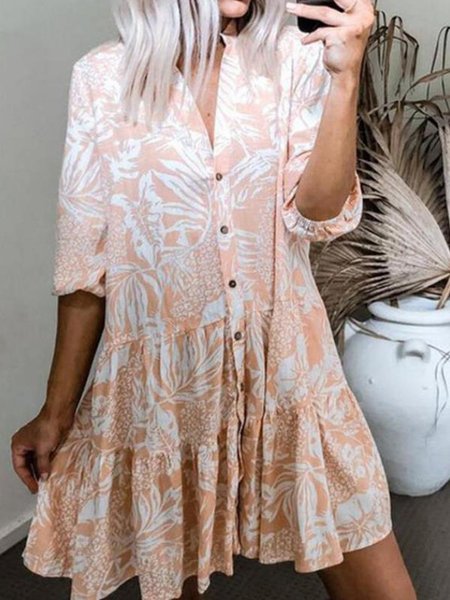Cotton-Blend V Neck Floral-Print Dresses, Light orange, Boho dresses