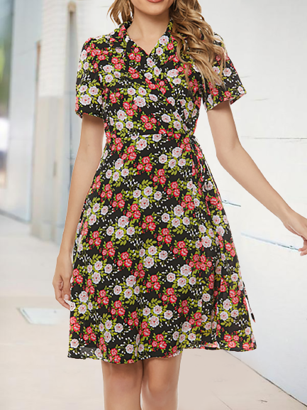 Chiffon Floral-Print Floral Short Sleeve Lapel Swing Wrap Dresses, Black, Floral Dresses