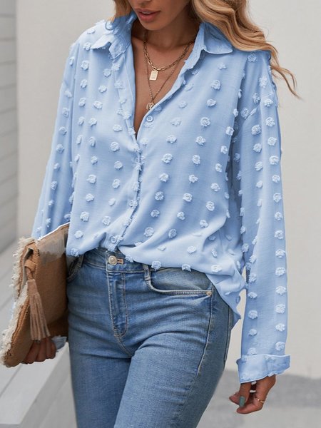 Shirt Collar Guipure Floral Long Sleeve Shirts & Tops, Light blue, Blouses & Shirts