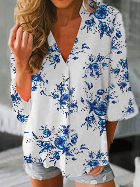 Casual V Neck 3/4 Sleeve Shirts & Tops, White, Long sleeve tops