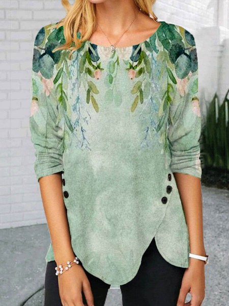

Printed Scoop Neckline Casual Cotton-Blend Tunic Shirts & Tops, Green, Long sleeve tops