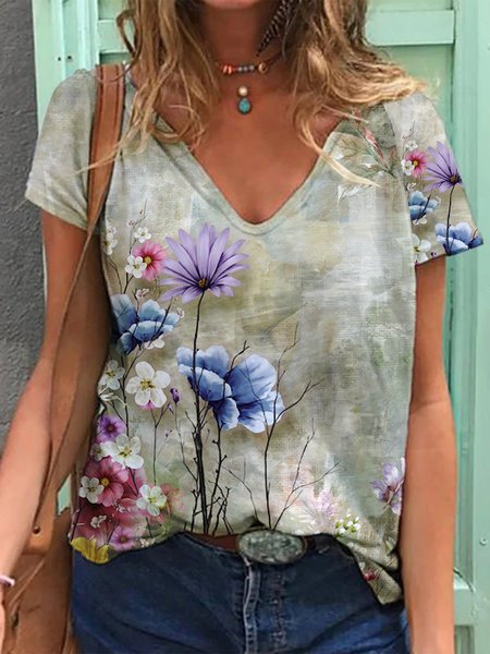 Flower V Neck Shirt Women Floral Top, As picture, T-shirts