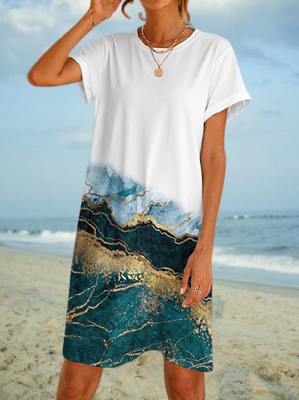 Short Sleeve Shift Cotton-Blend Printed Dresses, White, Tie dye dress