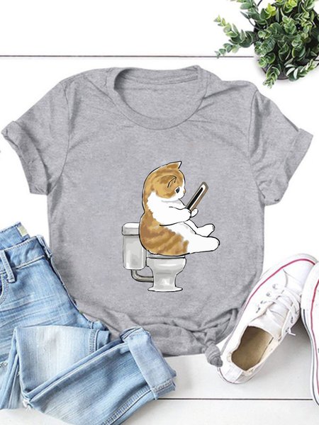 Watercolor Kitty Casual Cotton-Blend Shirts & Tops, Gray, T-shirts