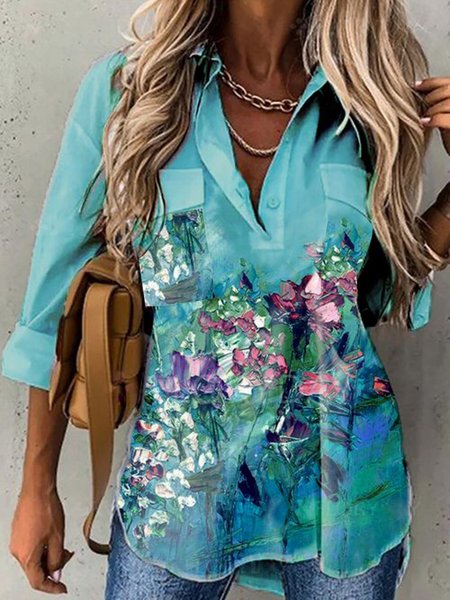 Floral Shirt Collar Holiday Long Sleeve Shirts & Tops, Blue, Blouses & Shirts