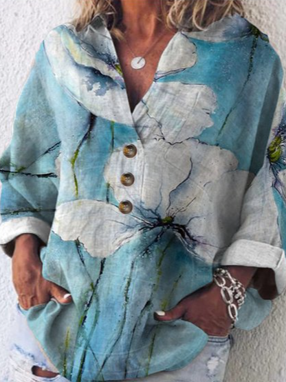 Casual and simple floral print long-sleeved V-neck shirt, As picture, Shirts & Blouses