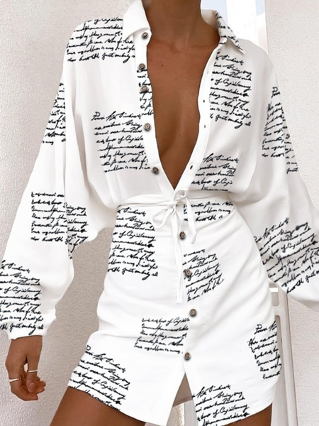Spring Fall A-line Casual Long Sleeve Shirt Collar Daily Dresses, White, Mini Dresses