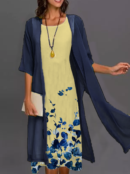 Boho Shift Crew Neck Two Piece Sets, Yellow, Midi Dresses