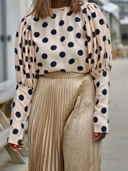 Spring Fall Crew Neck A-Line Long Sleeve Daily Simple Tops, Apricot, Blouses and Shirts