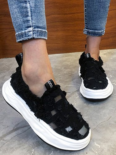 Casual and simple hollow canvas rubber sole flat shoes, Black, Flats