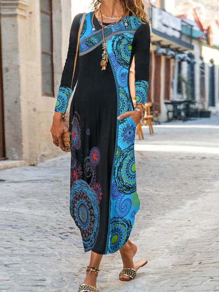 A-Line Holiday Tribal Dresses, Blue, Dresses