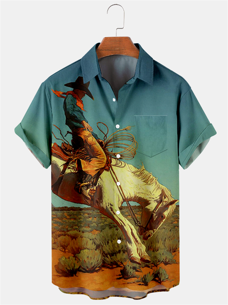 Shirt Collar Vintage Animal Shirts & Tops, Blue, Men's shirts