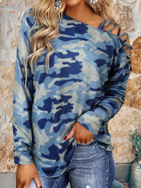 Long Sleeve One Shoulder Cotton-Blend Shirts & Tops, Camouflage, Long sleeve tops