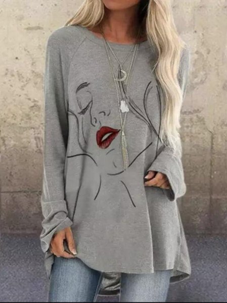 Abstract Casual Printed Long Sleeve Shirts & Tops, Gray, Tees & T-shirts