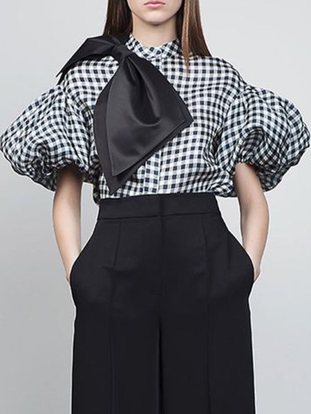 Balloon Sleeve Shift Checkered/Plaid Top, As picture, Blouses and Shirts