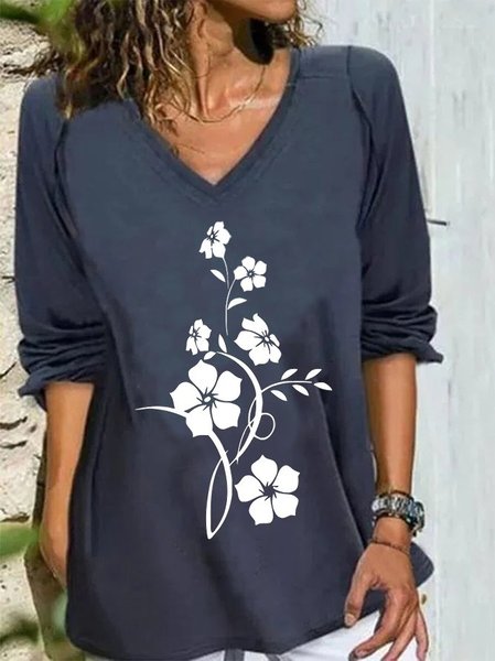 Casual Long Sleeve Floral V Neck Shirt & Top, Navy blue, Long sleeve tops