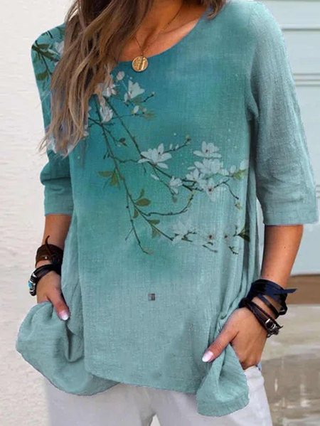 Round Neck Floral Print Half Sleeve Casual Blouses, Blue, Long sleeve tops
