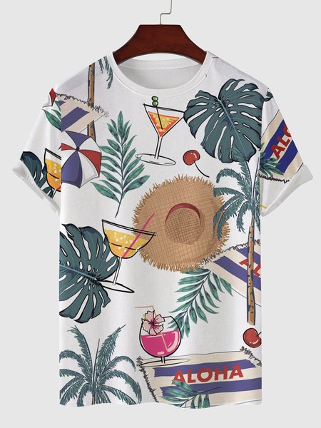 Mens Coconut Tree Printed Short Sleeve Light Casual Hawaiian T-shirts, White, Men's t-shirts