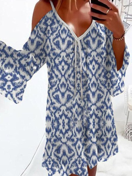 Cotton-Blend V Neck A-Line Vintage Dresses, Blue, Dresses