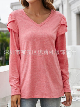 V Neck Plain Long Sleeve Simple Shirts & Tops, Pink, Long sleeve tops