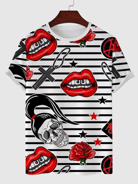 Mens Punk Print Short Sleeve Light Casual T-shirts, White, Men's t-shirts