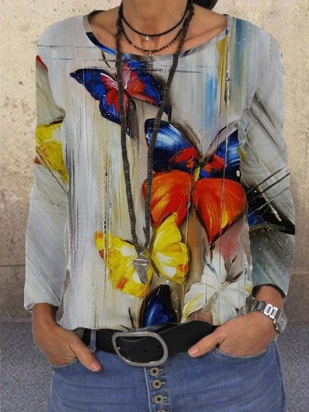 Casual and simple butterfly print round neck long-sleeved polyester cotton T-shirt, As picture, Long sleeve tops
Casual and simple butterfly print round neck long-sleeved polyester cotton T-shirt, As picture, Long sleeve tops