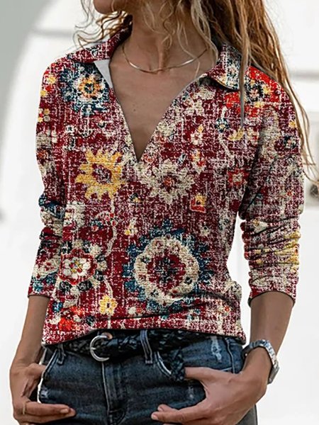 Tribale Misto Cotone Camicie & Top Casuale, Rosso marrone, Blouses & Shirts