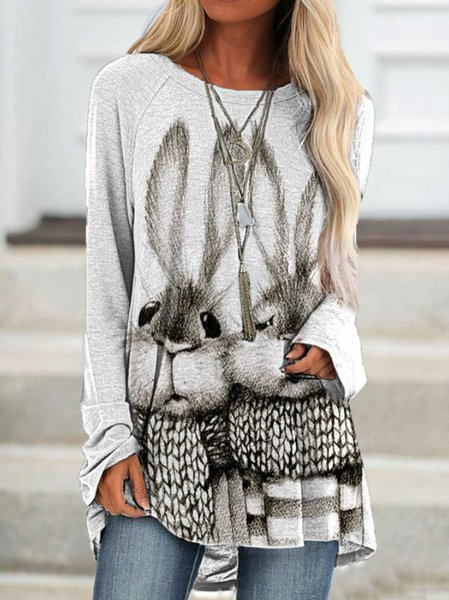 Casual daily bunny print long-sleeved Shirts & Tops, Long sleeve tops