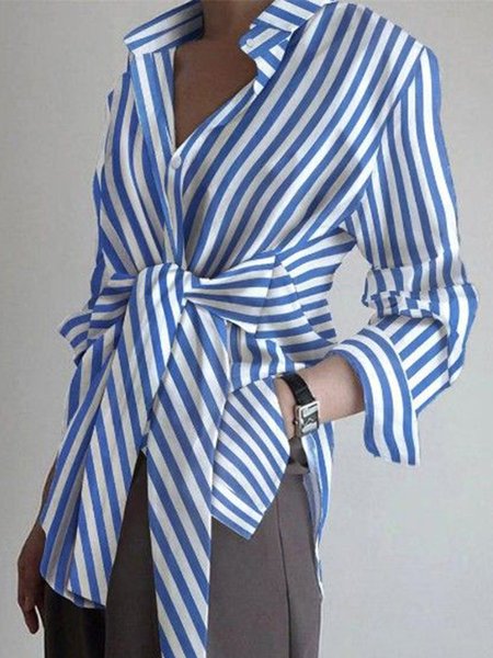 Long Sleeve Casual Shift Shirt Collar Shirt, Blue, Blouses and Shirts