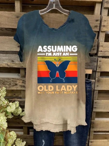 Short Sleeve Round Neck Plus Size Printed Tops T-Shirts, Blue, T-Shirts