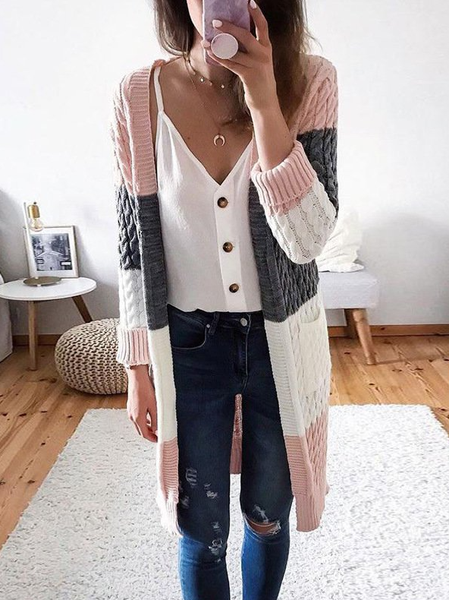 Stripes Long Sleeve Casual Outerwear, Pink, Outerwear