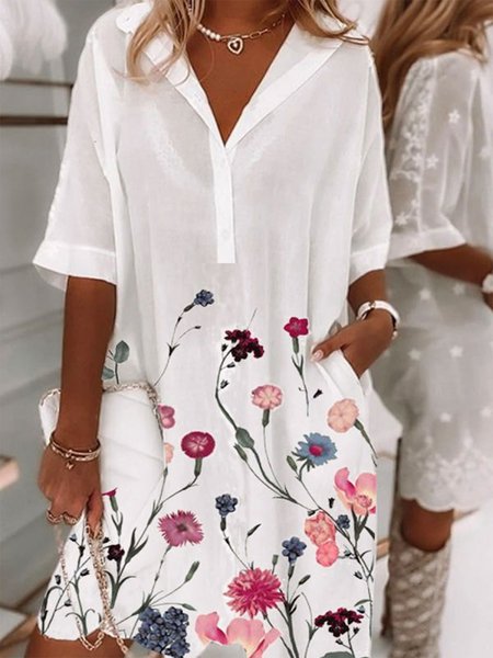 Floral Holiday Half Sleeve Cotton-Blend Dresses, White, Floral Dresses