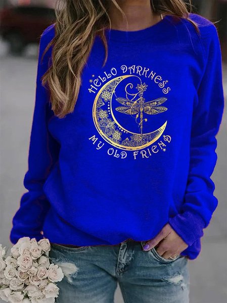Crew Neck Long Sleeve Casual Printed Sweatshirt, Blue, Hoodies & Sweatshirts