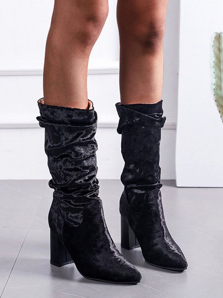 Gorgeous Velvet Pointed Toe Chunky Heel High Mid Calf Boots, Black, Boots