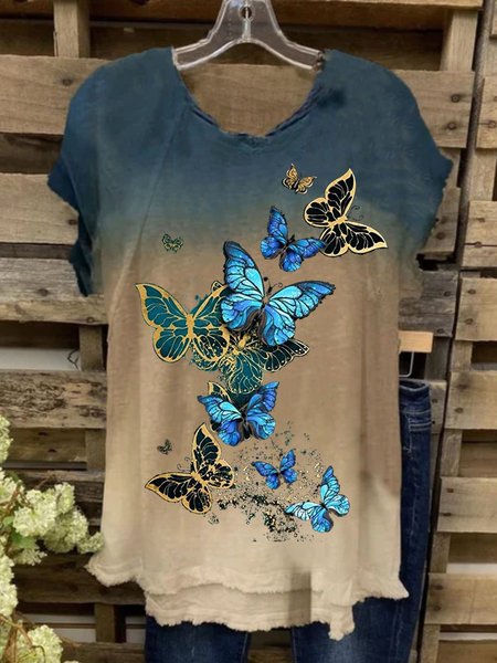Short Sleeve Round Neck Plus Size Printed Tops T-Shirts, Blue, T-Shirts
