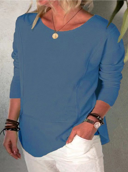 Casual Crew Neck Plain Long Sleeve Shirts & Tops, Purplish blue, Long sleeve tops