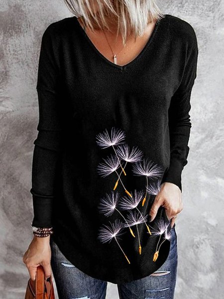 Scollo a V Piante Dritto Casuale Camicie & Top, Nero, Blouses & Shirts