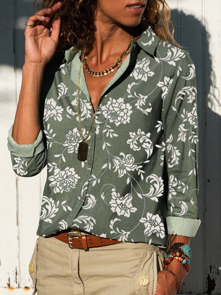 Verde Stampata Floreale Maniche Lunghe Casuale Colletto a Camicia Top, Blouses & Shirts