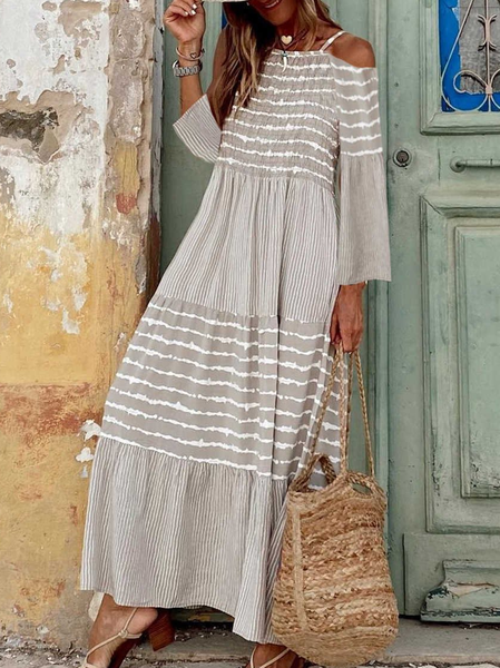 Shift Geometric Casual Off Shoulder Dresses, Khaki, Maxi Dresses