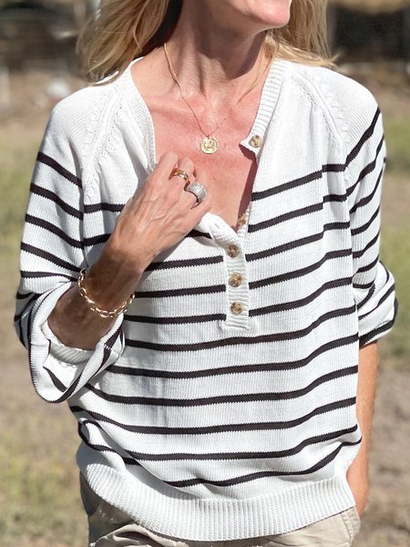Casual Button Up Round Neck Long Sleeve Striped Sweater, White, Sweaters