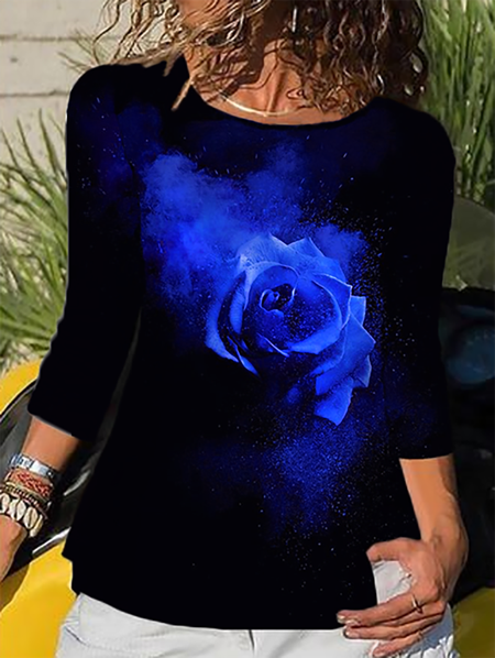 Plus size Floral Printed Casual T-shirt, Blue, Blouses & Shirts